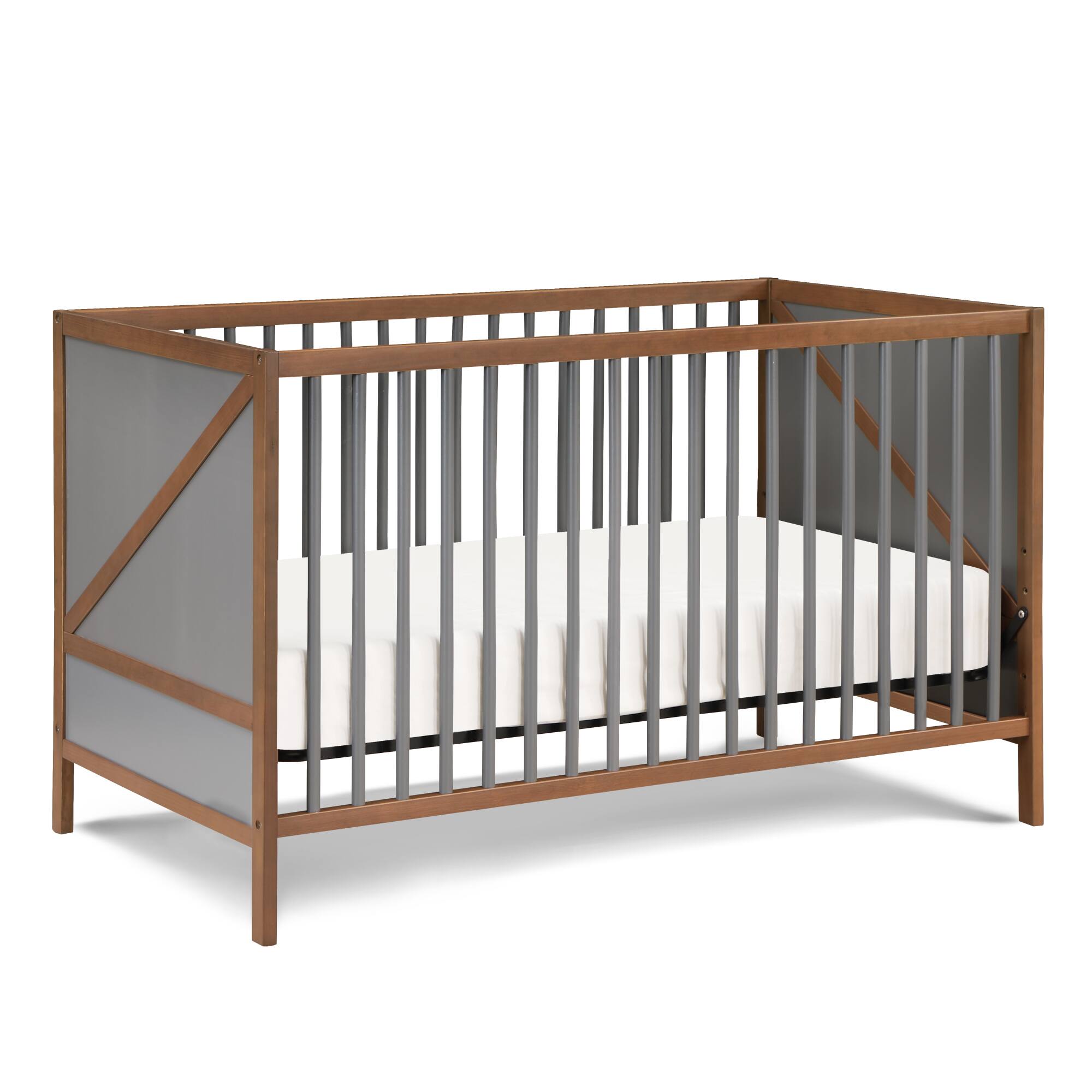 Angle. GOODSILO - Convertible 3-in-1 Wooden Crib with Adjustable Mattress Heights and Mid-Century Modern Design - Walnut Brown.