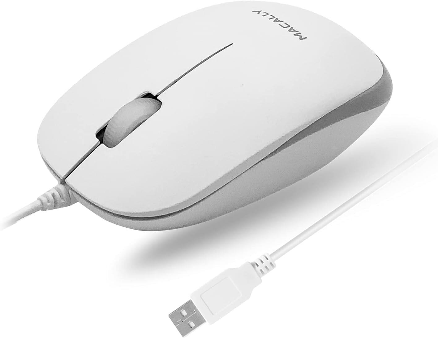 X9 - Macally USB Wired Mouse for Mac and Windows - Plug and Play 3 Button Corded Computer Mouse Wired - White with Gray Trim - Wired - White with Silver Trim