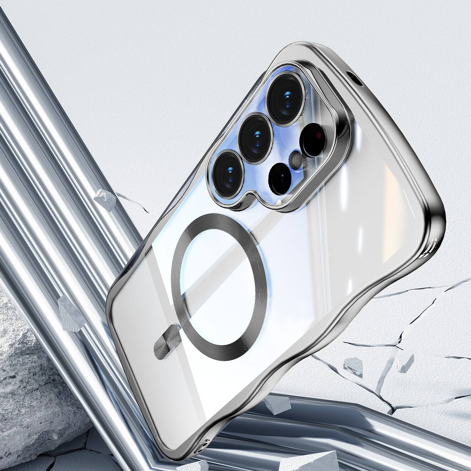 Left. Dteck - Magnetic Case Samsung Galaxy S25 Ultra Built-in Lens Protector Shockproof Plating Curly Wavy Frame Back Cover - Silver.