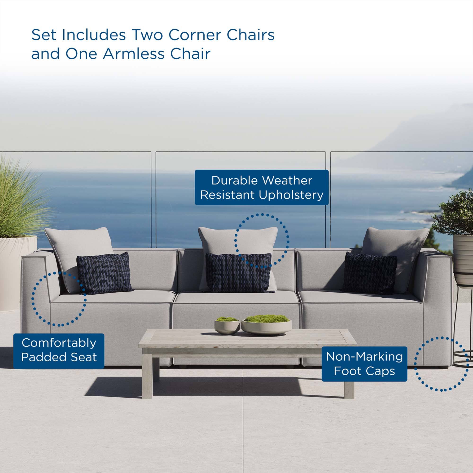 Set Includes Two Corner Chairs and One Armless Chair

- Durable Weather Resistant Upholstery
- Comfortably Padded Seat
- Non-Marking Foot Caps