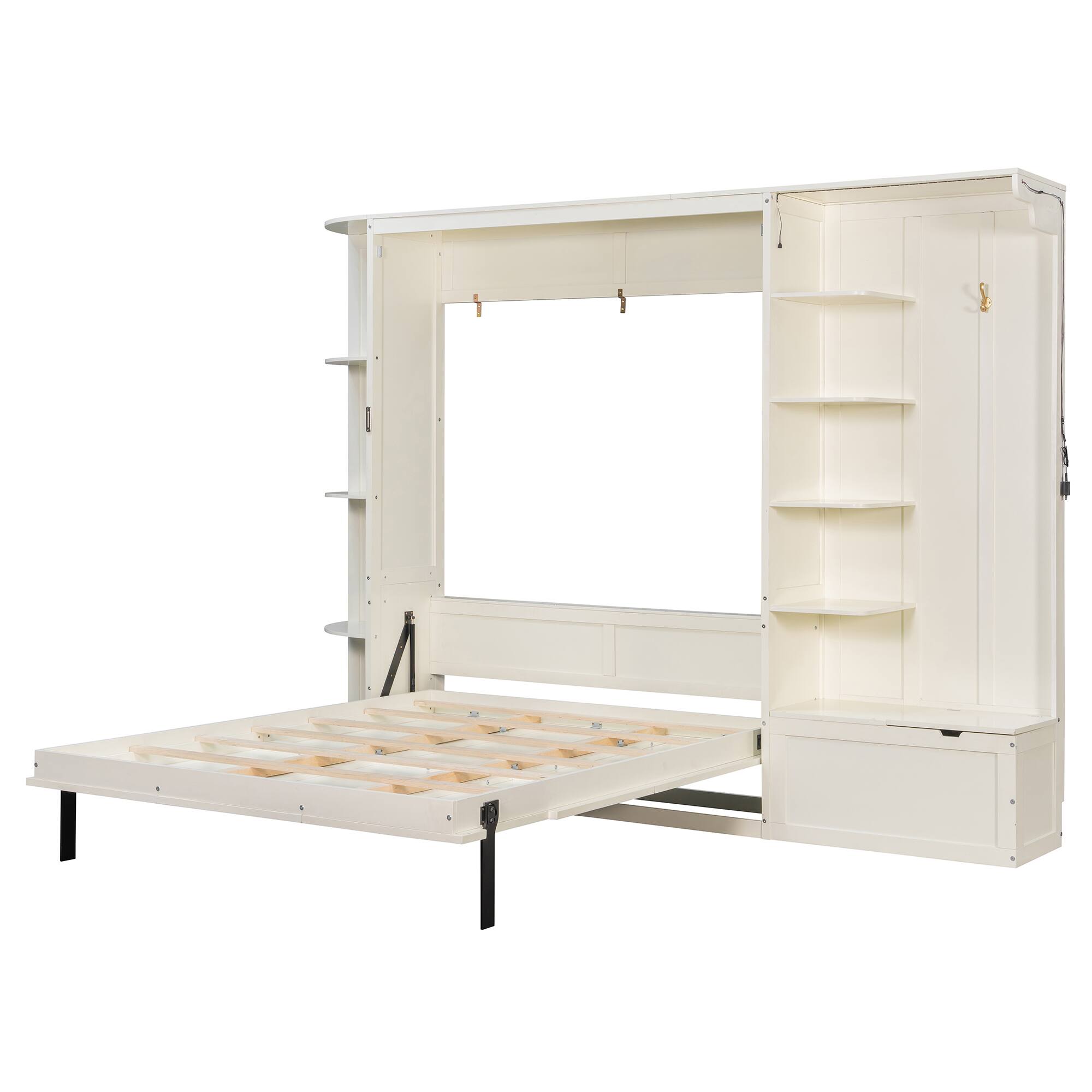 Back. Whisen - Queen Murphy Bed with Desk Storage & LED Lights, Space-Saving Wall Bed for Guest Room & Home Office - White.