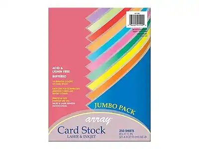 ACID & LIGNIN FREE
BUFFERED
18 VERSATILE COLORS OF CARD STOCK
EXCELLENT FOR CARDS, REPORT COVERS, AND MORE
PRINCIPAL FOR EVERYDAY USE
PHOTOCOPIES, LASER & INKJET PRINTERS
JUMBO PACK
array
Card Stock
LASER & INKJET
250 SHEETS
8½ x 11 IN (21.6 x 27.9 cm)
65 LB