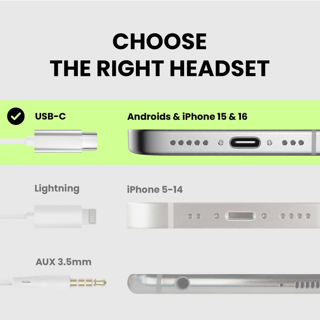 CHOOSE THE RIGHT HEADSET

USB-C
Androids & iPhone 15 & 16

Lightning
iPhone 5-14

AUX 3.5mm