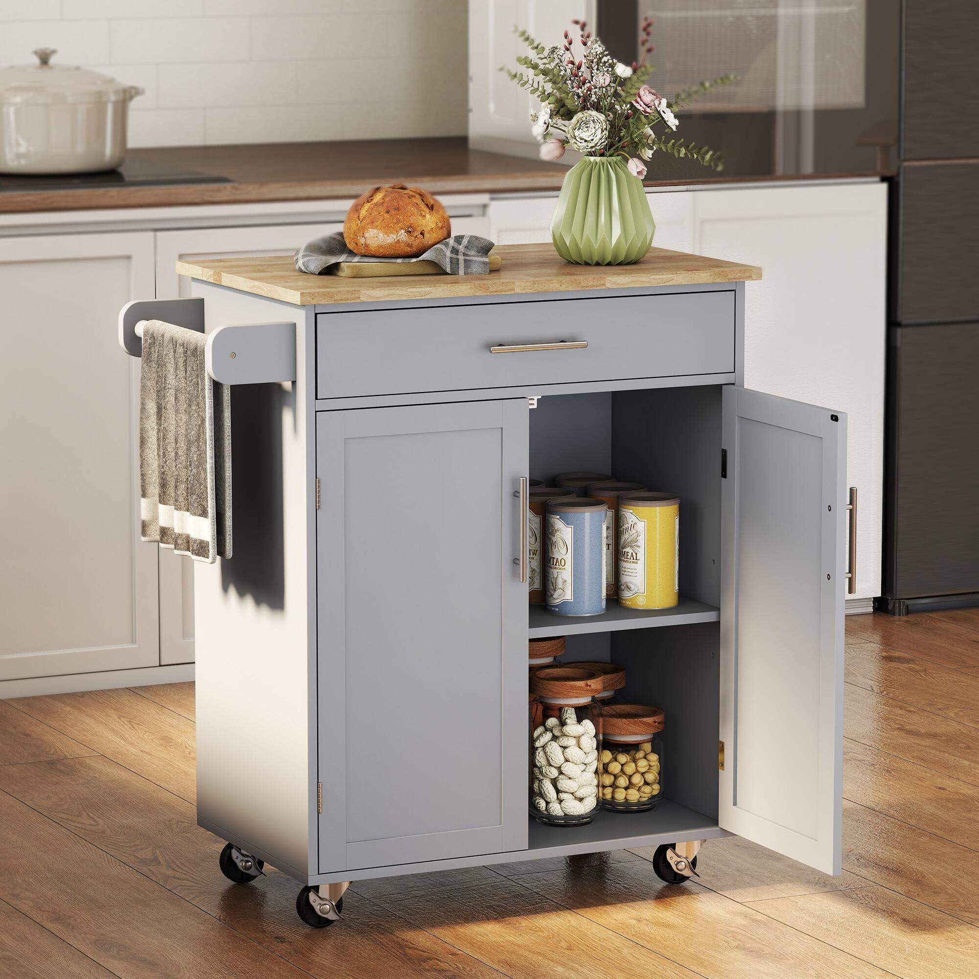 Angle. Homcom - Kitchen Island Cart, Rolling Island Table with Solid Wood Top, Trolley Cart with Drawer, Storage Cabinet & Towel Rack - Grey.