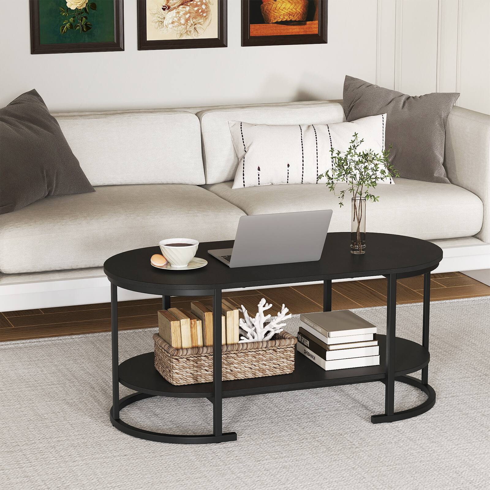 Alt View 5. Gymax - Gymax 2-Tier Wooden Accent Table w/Spacious Tabletop Open Storage Shelf for Room - Black.