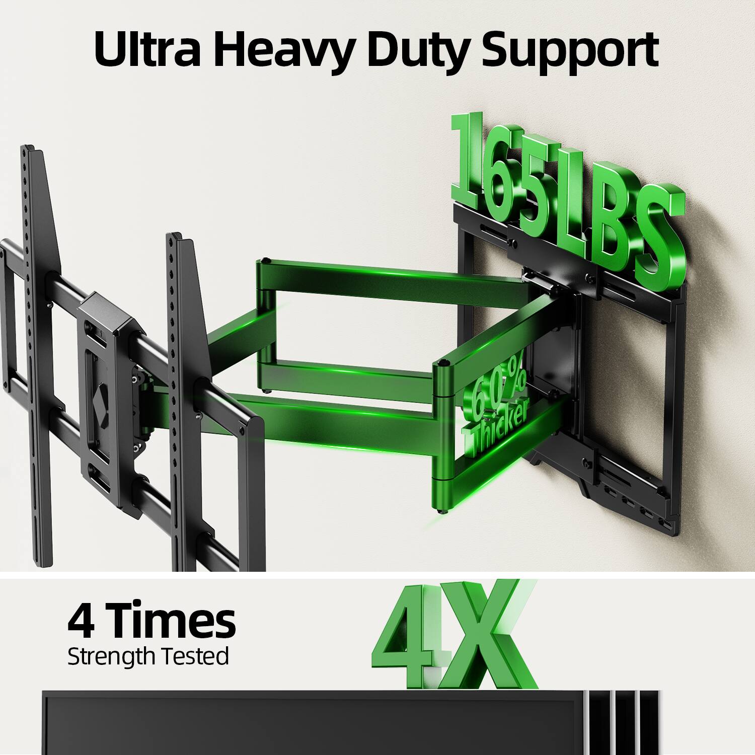 Ultra Heavy Duty Support  
165LBS  
60% Thicker  
4 Times Strength Tested  
4X