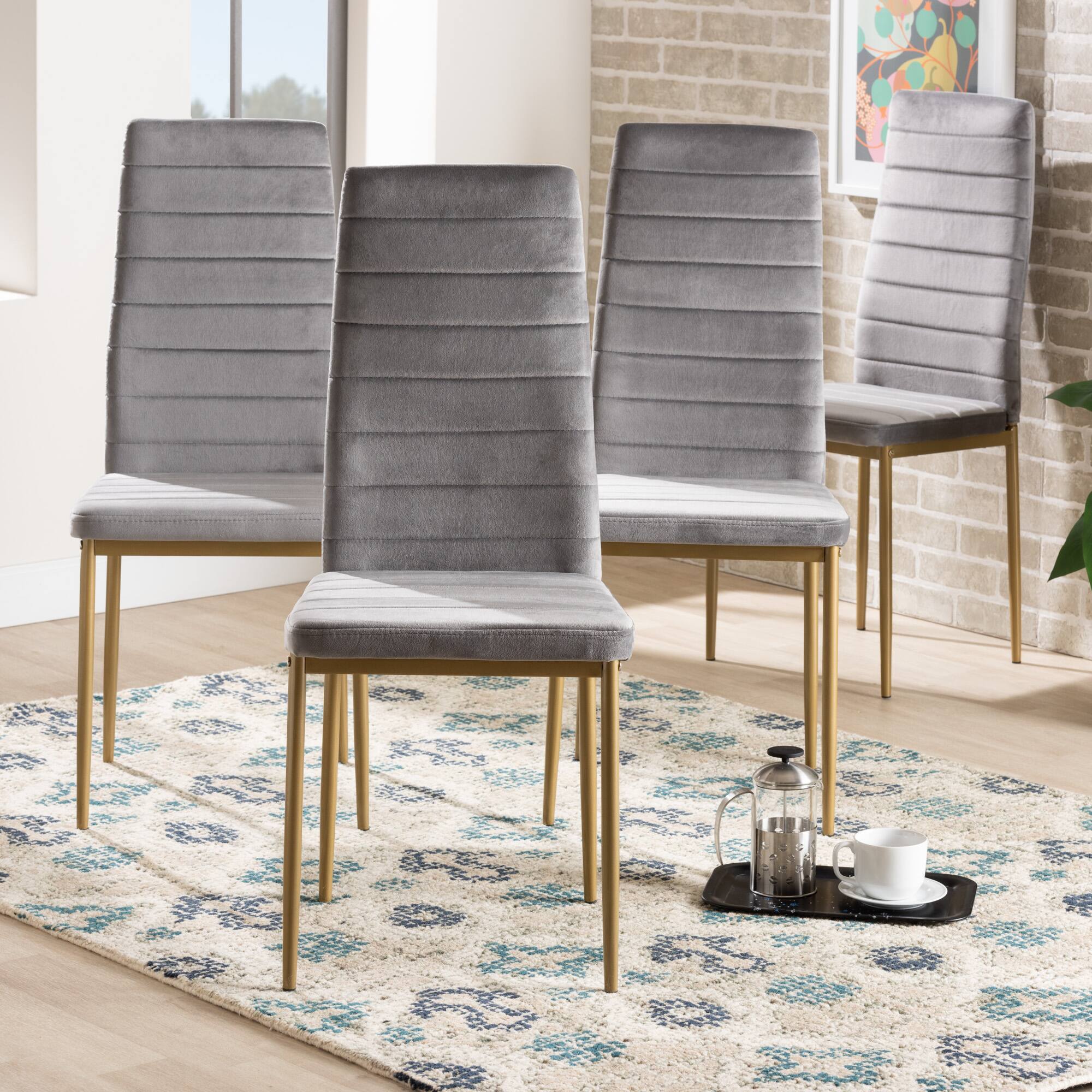 Alt View 2. Baxton Studio - Armand Glam Velvet Fabric Upholstered and Gold Finished Metal 4-Piece Dining Chair Set - Grey/Gold.