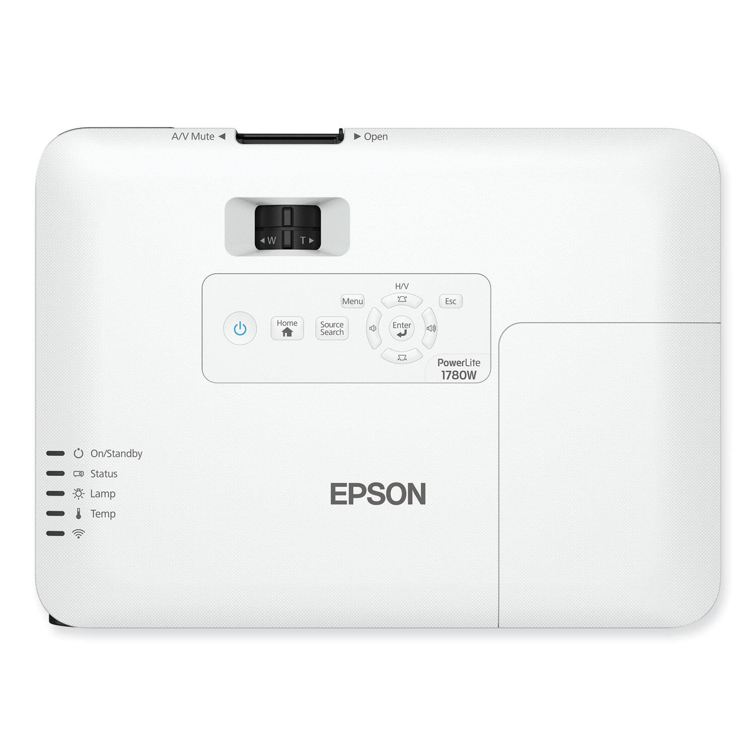 A/V Mute Open  
4 W T Menu I/V D Esc Home Source Search  
Enter  
I PowerLite 1780W  
On/Standby Status Lamp Temp  
EPSON