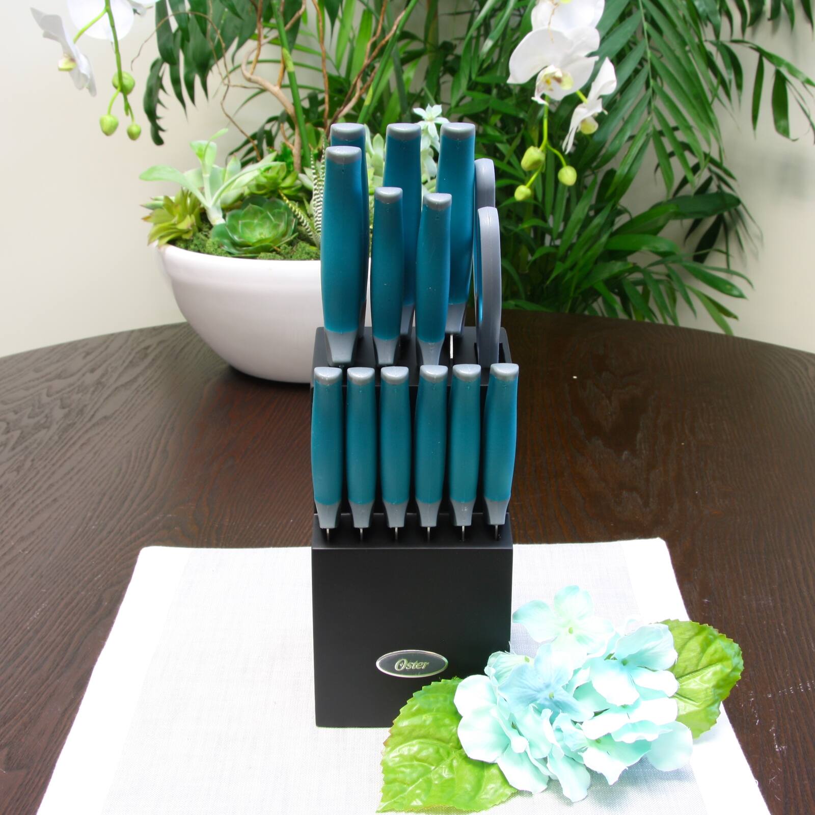 Alt View 2. Oster - Oster Lindbergh 14 Piece Stainless Steel Cutlery Set in Teal with Wooden Block - Teal.