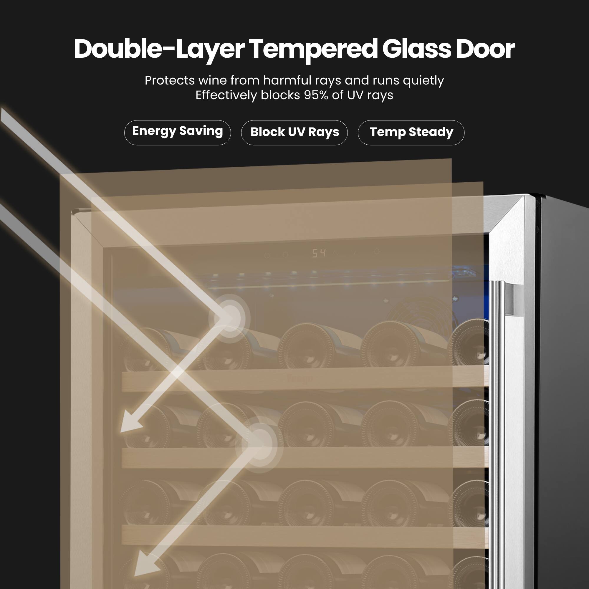 Double-Layer Tempered Glass Door  
Protects wine from harmful rays and runs quietly  
Effectively blocks 95% of UV rays  

Energy Saving  
Block UV Rays  
Temp Steady