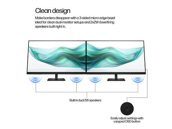Clean design  
Make borders disappear with a 3-sided micro-edge bezel ideal for clean dual-monitor setups and 2x2W downfiring speakers built right in.  
Built-in dual 2W speakers  
Easily adjust settings with a joypad OSD button
