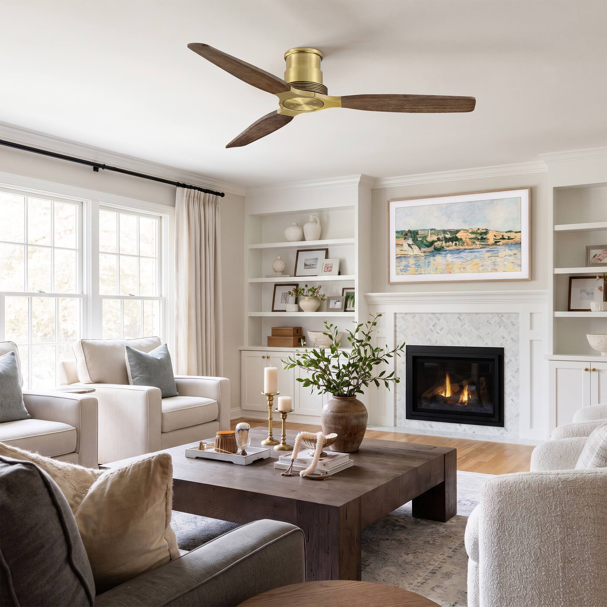 Angle. Parrot Uncle - 48" Mid Century Modern Solid Wood Lightweight Flush Mount Ceiling Fan with Remote,No Light 6-Speed DC Motor - Gold.