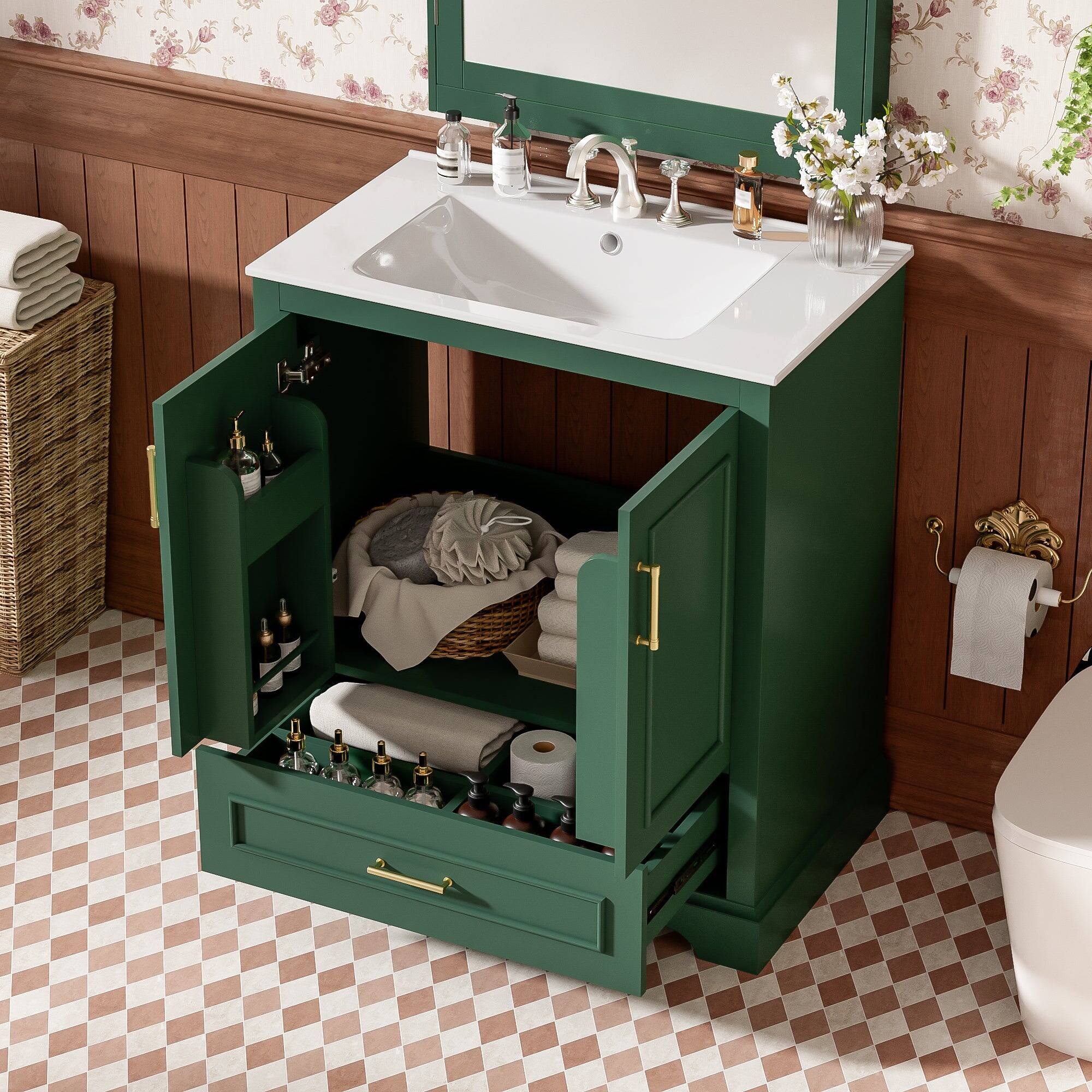 Alt View 5. Boyel Living - 30 Inch Green Bathroom Vanity with Ceramic Sink Soft Close Doors Divider Drawer Double Door Shelves - Black.