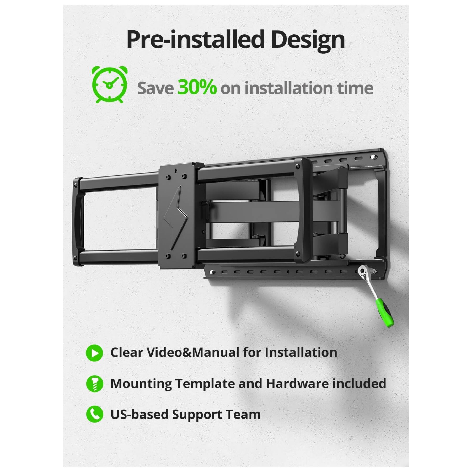 Pre-installed Design  
Save 30% on installation time  
Clear Video & Manual for Installation  
Mounting Template and Hardware included  
US-based Support Team