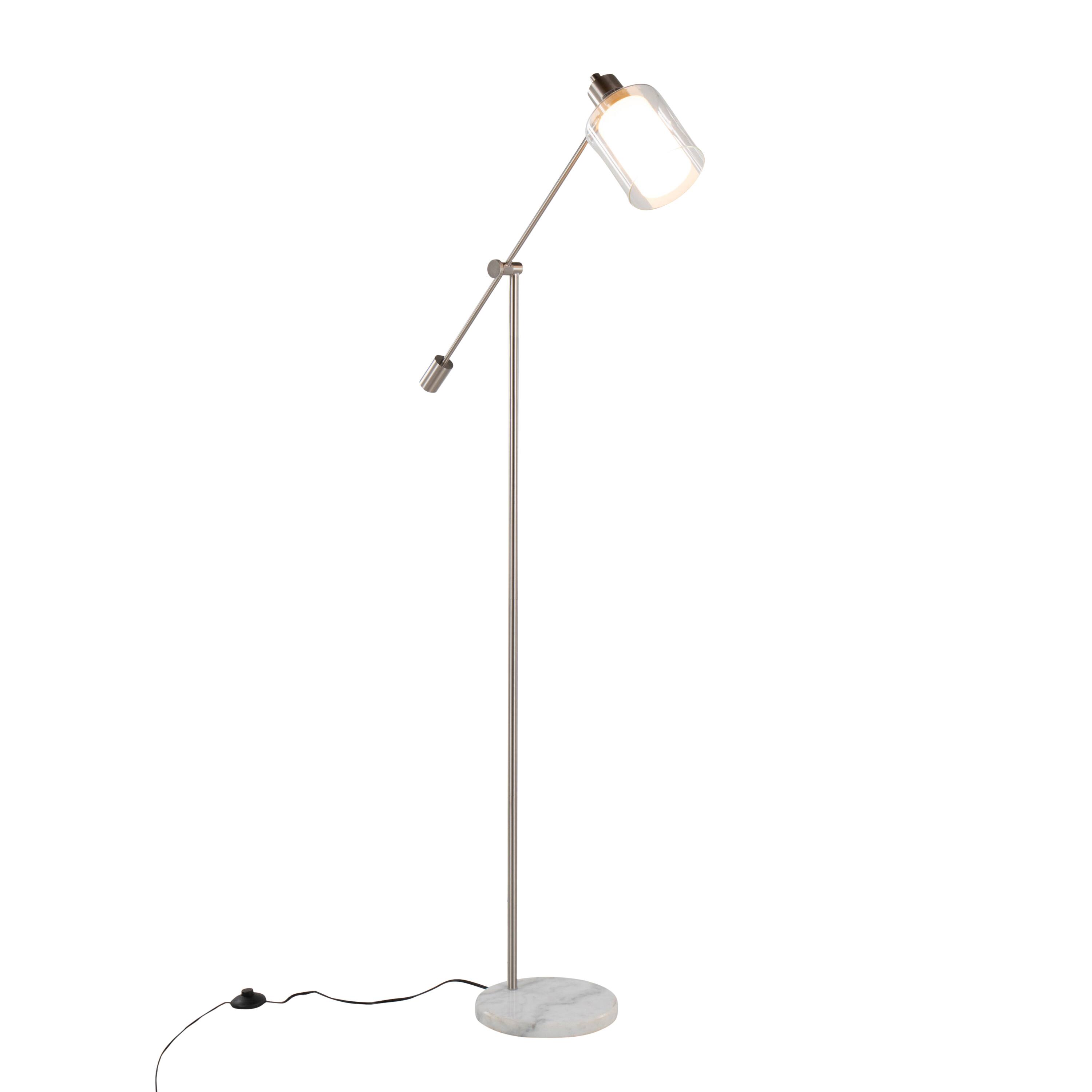 Angle. Loheer - Loheer Modern Standing Lamp Nickel Metal Tall Floor Lamp with White Marble Base Clear and Frosted Glass Shade - Nickel.