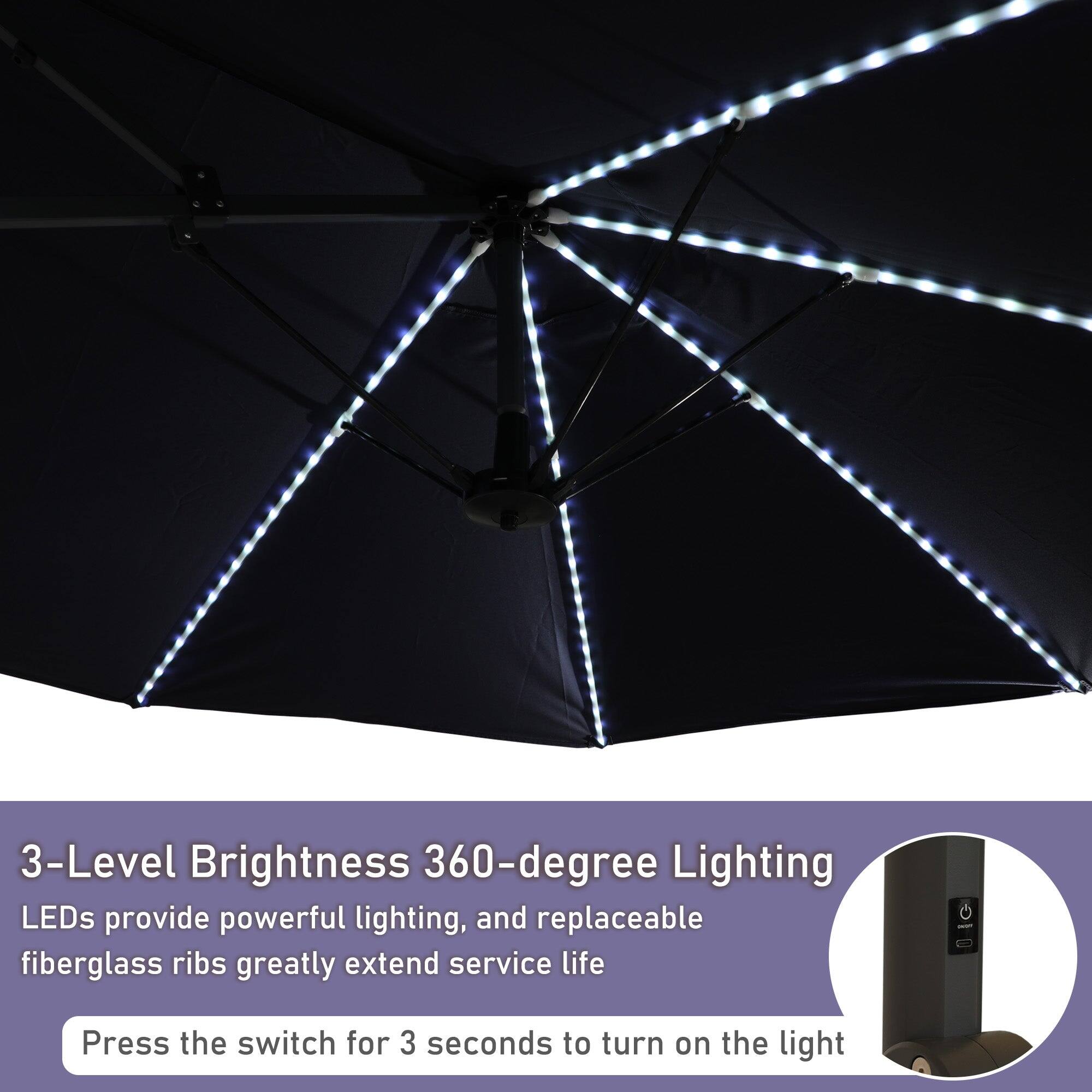 3-Level Brightness 360-degree Lighting  
LEDs provide powerful lighting, and replaceable fiberglass ribs greatly extend service life.  
Press the switch for 3 seconds to turn on the light.