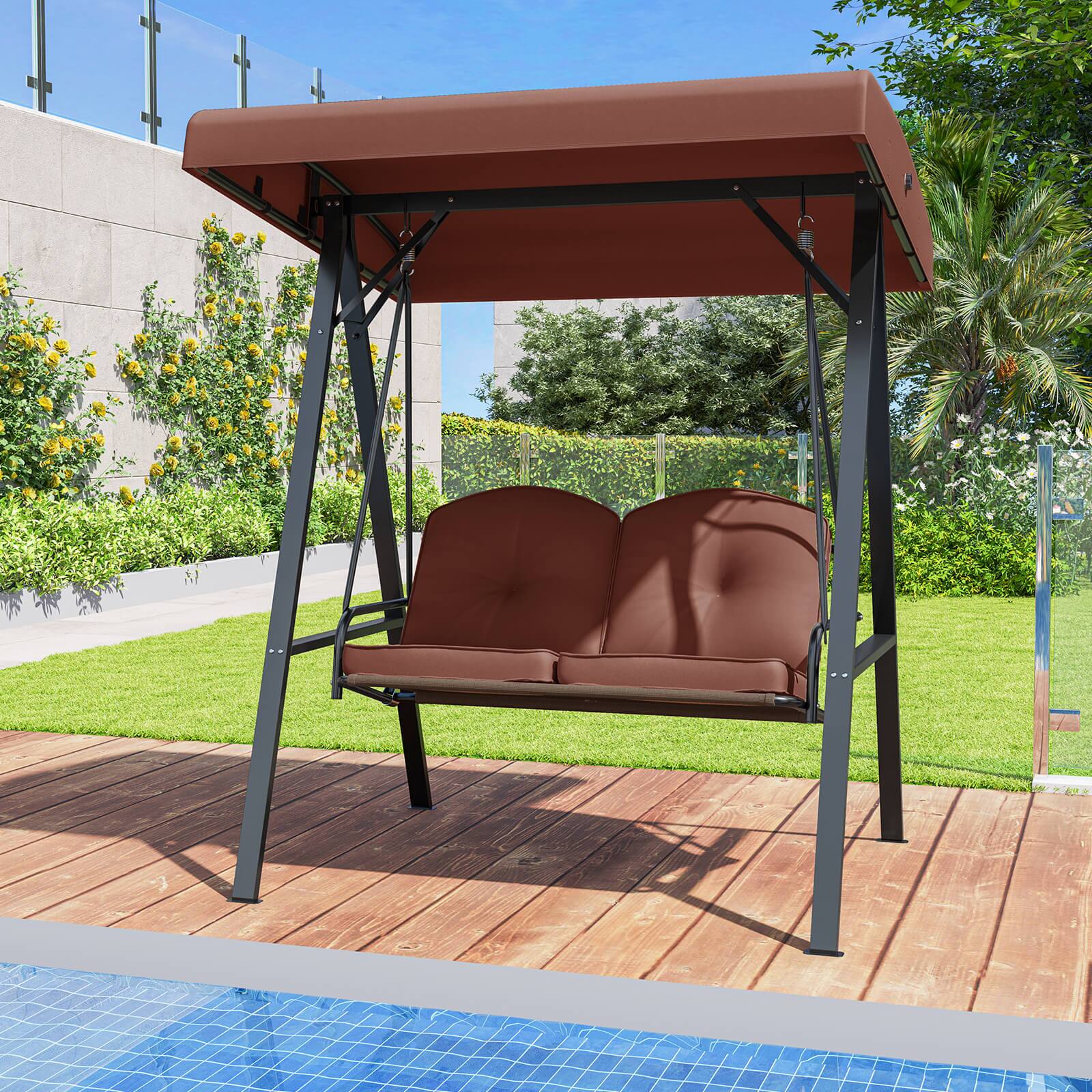 Alt View 4. Costway - Costway 2-Person Outdoor Porch Swing Swing Loveseat with A-Shaped Metal Stand - Brown.