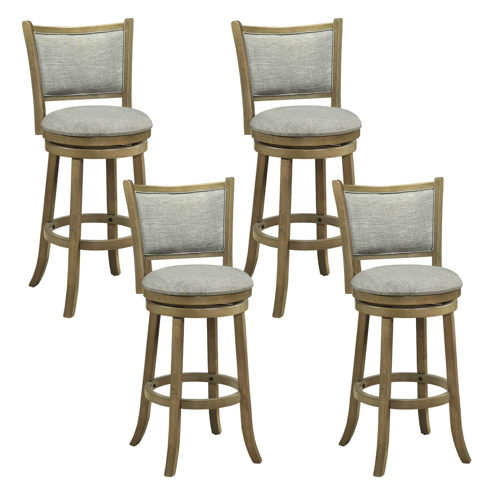Costway - 30"Swivel Bar Stools Set of 4, with Backrests and Wood Frame,Upholstered Bar Chairs - Antique Gray,Light Gray