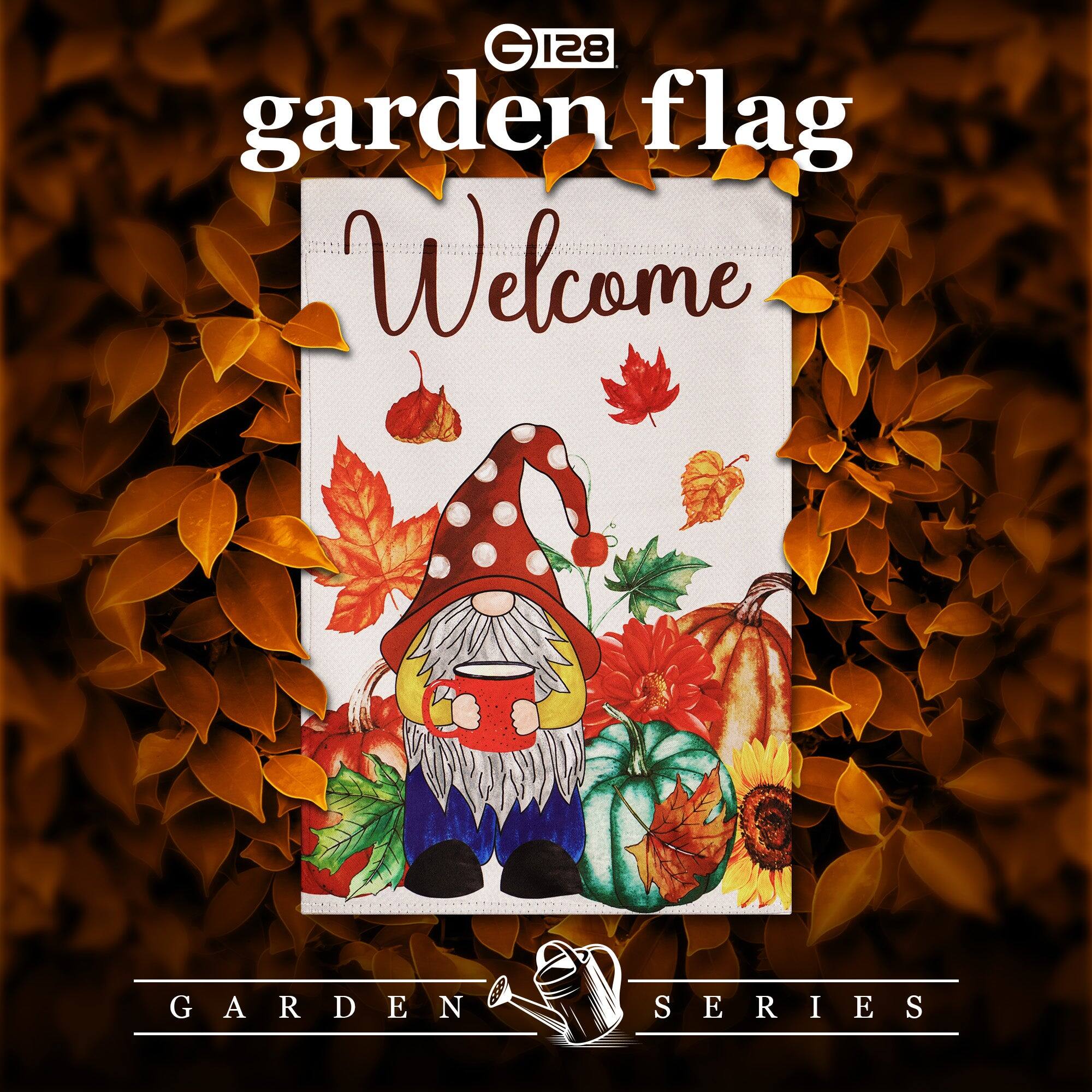 G128 Garden Flag Welcome Gnome with Coffee at Harvest 12 x 18 in ...