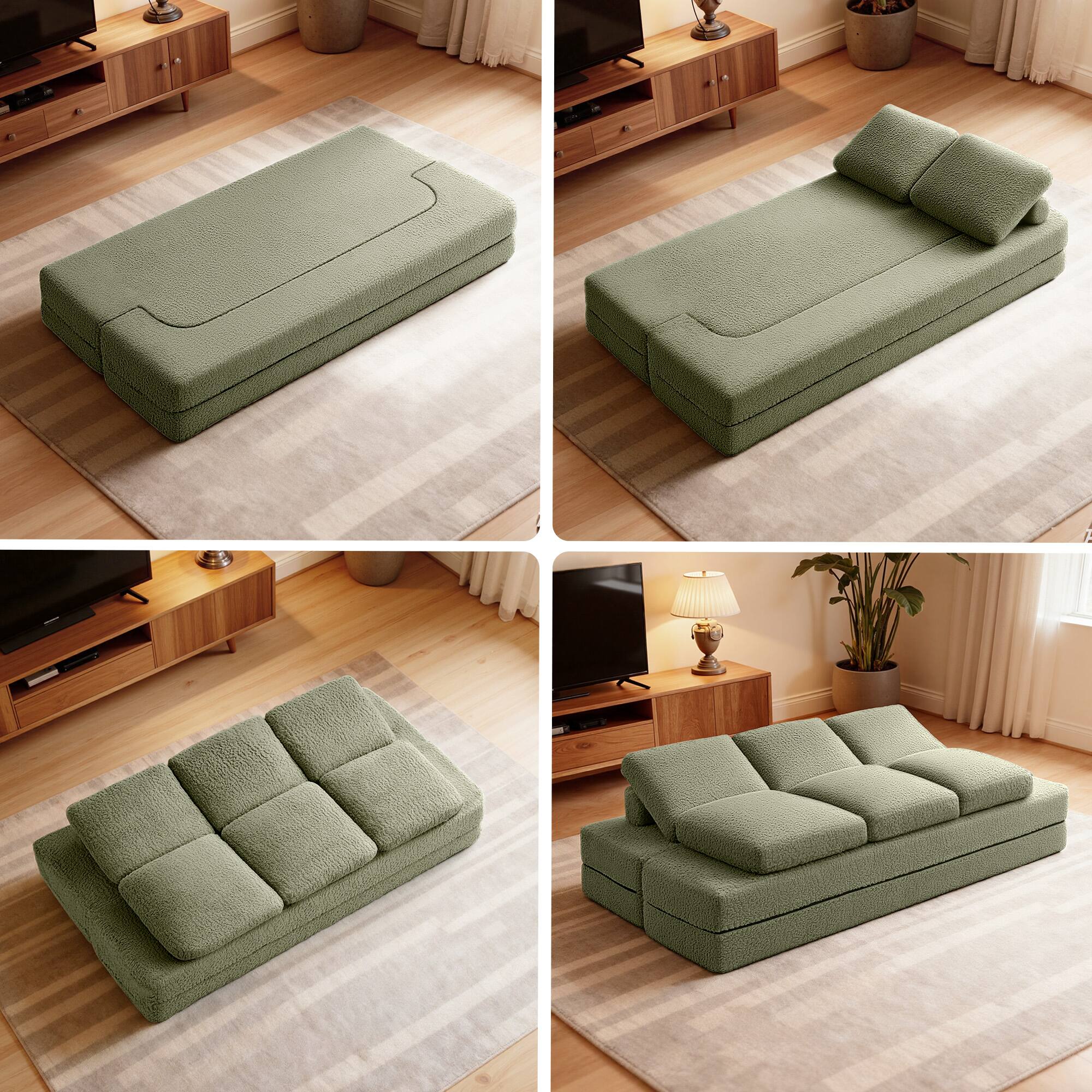 Angle. KERDOM - Convertible Folding Sofa Bed, 63” Guest Daybed Futon Floor Sleeper Couch, Plush Loveseat Couch for Small Space Studio - Green.