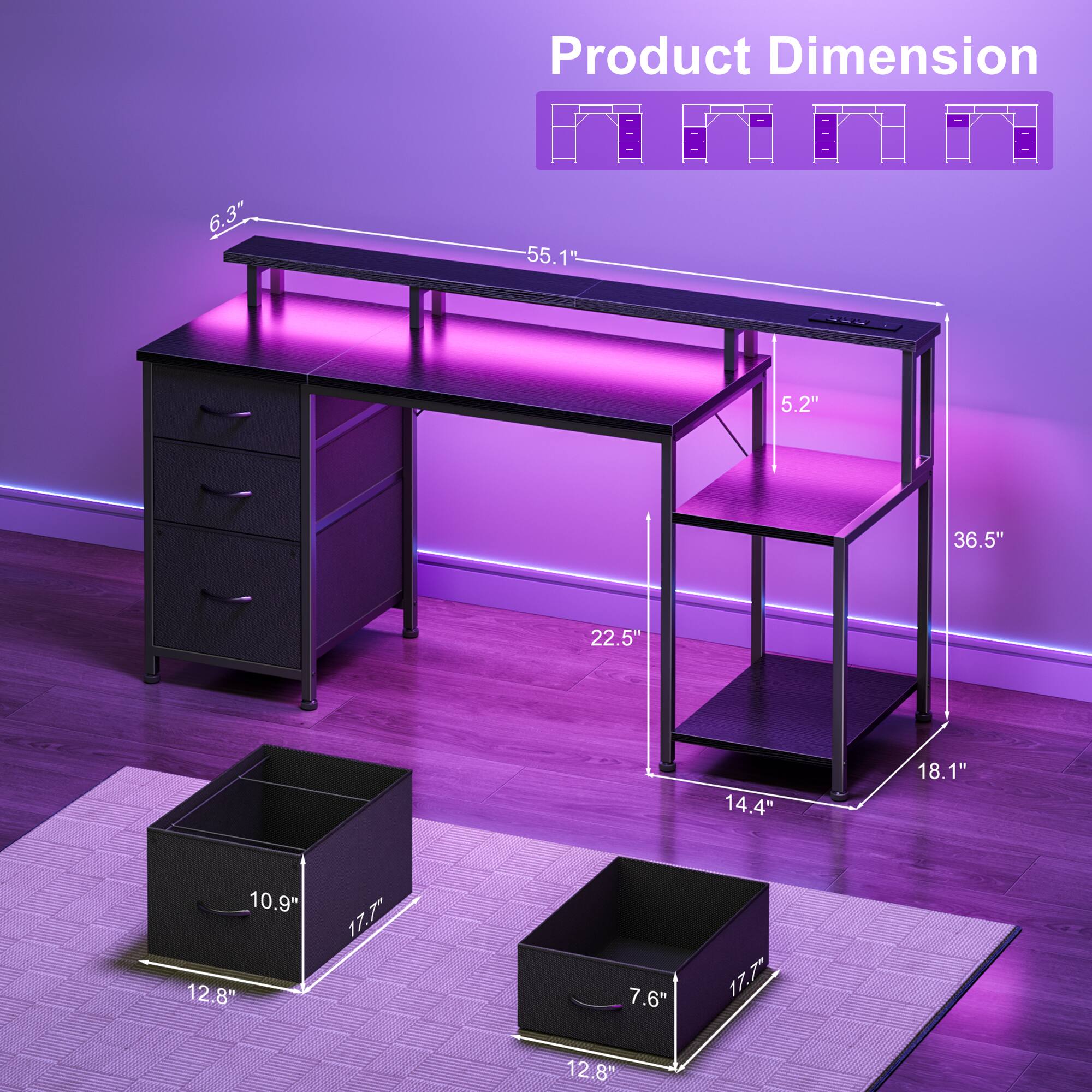 6.3" Product Dimension  
55.1"  
5.2"  
36.5"  
22.5"  
14.4"  
18.1"  
10.9"  
12.8"  
17.7"  
7.6"  
17.7"  
12.8"