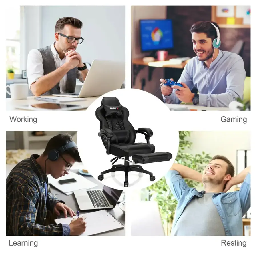 The text on the image is grouped as follows:

1. Working: A man with glasses, wearing a tie, and holding a laptop.
2. Gaming: A man holding a game controller.
3. Learning: A man with a laptop and a book.
4. Resting: A man with headphones and a laptop.

The corrected text would be:

1. Working: A man with glasses, wearing a tie, and holding a laptop.
2. Gaming: A man holding a game controller.
3. Learning: A man with a laptop and a book.
4. Resting: A man with headphones and a laptop.
