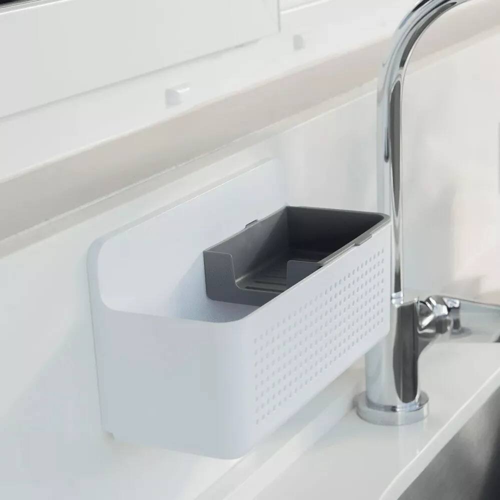 Angle. OU - Hanging Sink Organizer, Self‑Adhesive Caddy with Removable Sponge Tray for Kitchen Storage - White.