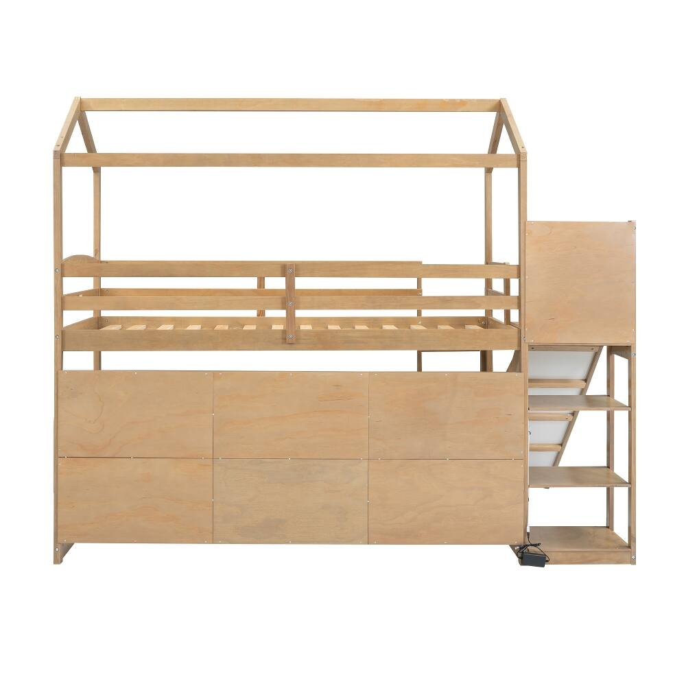 Alt View 10. Loheer - Loheer Twin Loft Bed with Slide and Storage, Wood House Bed Frame - Wood Color.