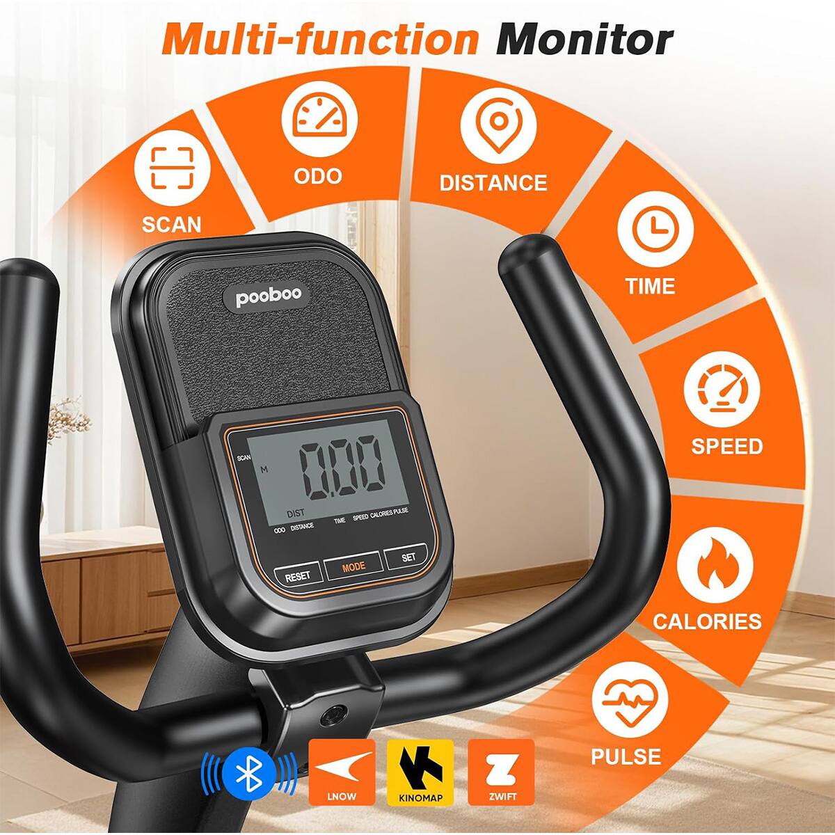 Multi-function Monitor

- ODO
- DISTANCE
- SCAN
- TIME
- SPEED
- CALORIES
- PULSE

Buttons:
- RESET
- MODE
- SET

Additional Features:
- LNOW
- KINOMAP
- ZWIFT