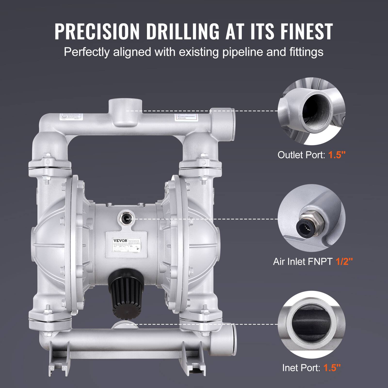 PRECISION DRILLING AT ITS FINEST  
Perfectly aligned with existing pipeline and fittings  

Outlet Port: 1.5"  
Air Inlet FNPT 1/2"  
Inlet Port: 1.5"
