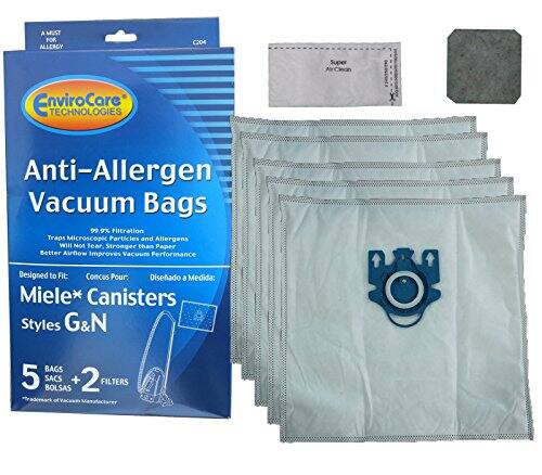 A MUST FOR ALLERGY  
C204 Super Alr Clean EnviroCore TECHNOLOGIES X  
Anti-Allergen Vacuum Bags  
99.9% Filtration Traps Microscopic Particles and Allergens  
Will Not Tear, Stronger than Paper  
Better Airflow Improves Vacuum Performance  
Designed to Fit:  
Concus Pour: Diseño a Medida:  
Miele* Canisters Styles G&N  
5 BAGS + 2 FILTERS