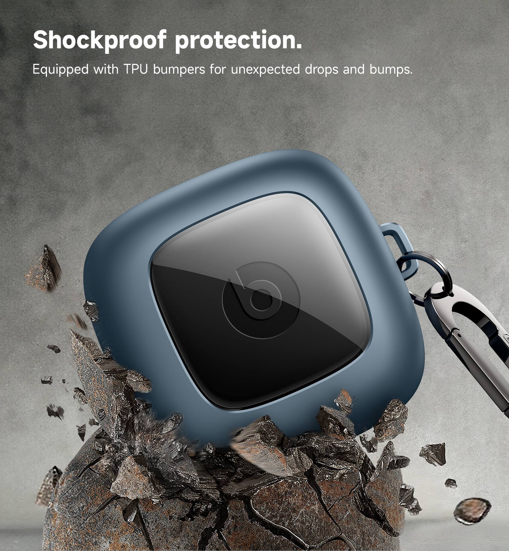 Shockproof protection.  
Equipped with TPU bumpers for unexpected drops and bumps.