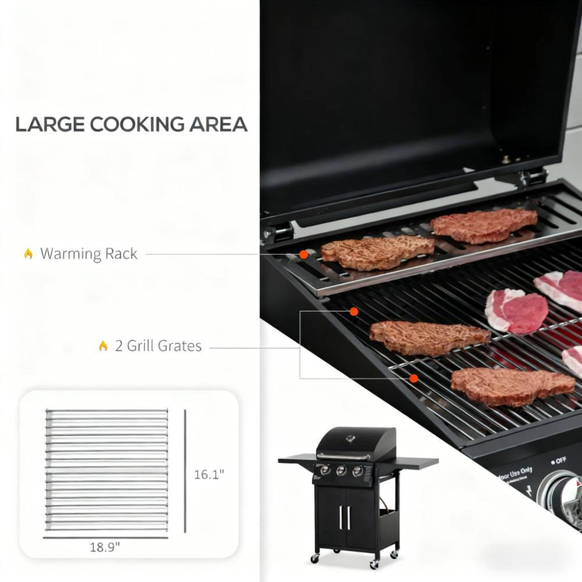LARGE COOKING AREA  
- Warming Rack  
- 2 Grill Grates  
16.1" x 18.9"