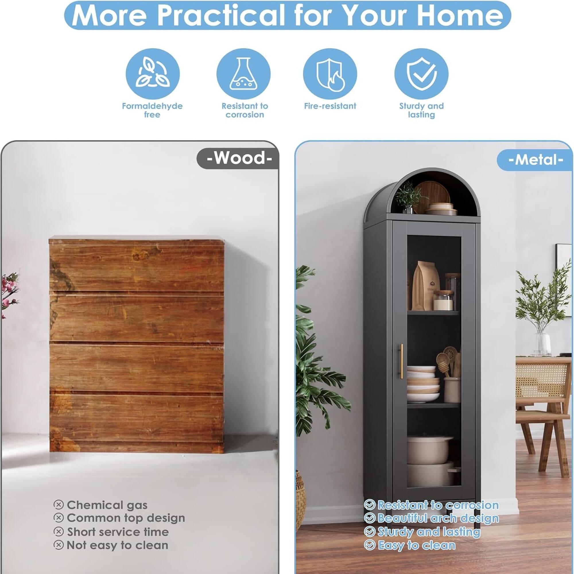 More Practical for Your Home

- Wood -
  - Formaldehyde free
  - Resistant to corrosion
  - Fire-resistant
  - Sturdy and lasting
  - Chemical gas
  - Common top design
  - Short service time
  - Not easy to clean

- Metal -
  - Resistant to corrosion
  - Beautiful arch design
  - Sturdy and lasting
  - Easy to clean
