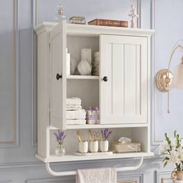 Aheaplus - Wall Mounted Bathroom Cabinet, 2 Door Medicine Cabinet with Adjustable Shelves and Towel Bar - Off White