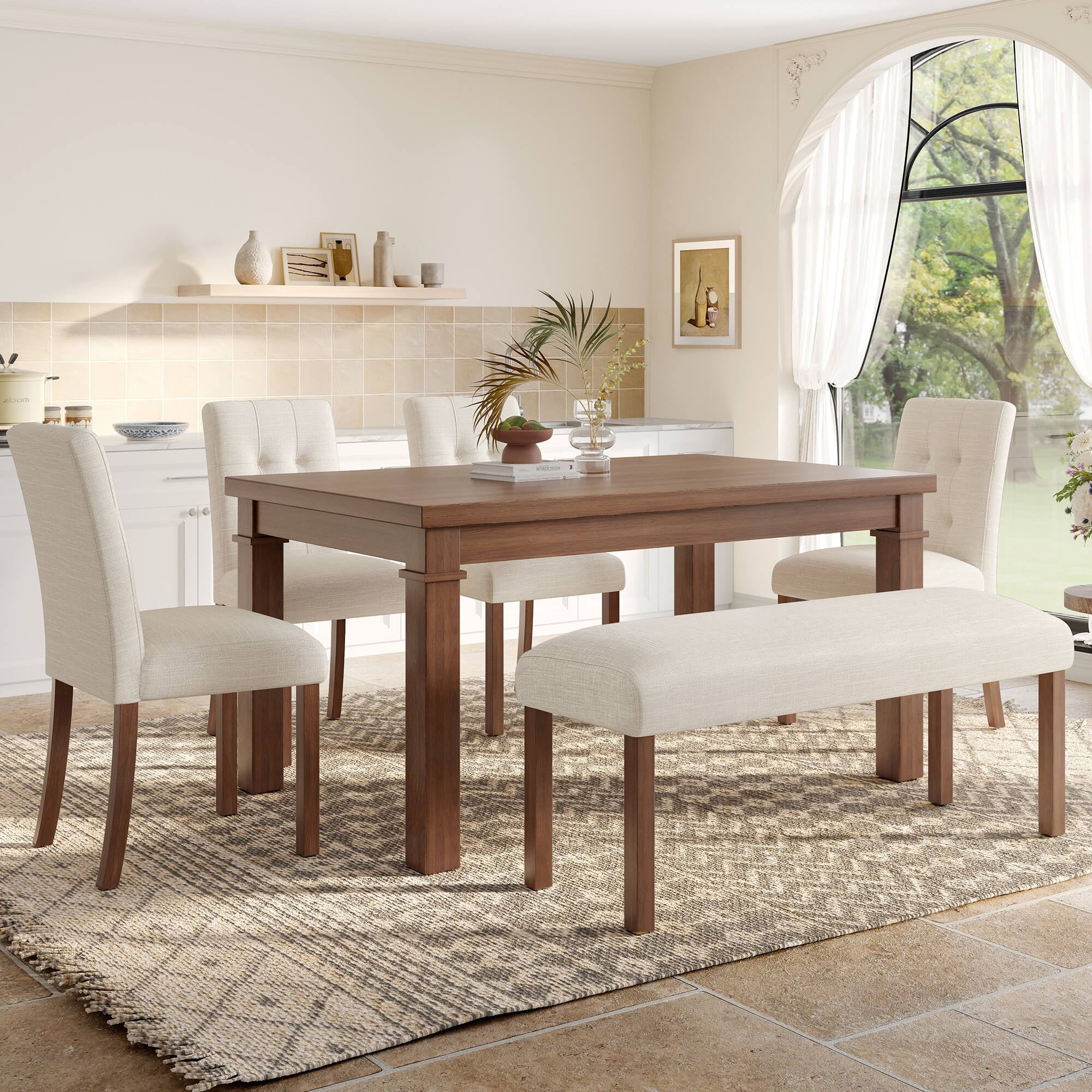 Angle. APRILSOUL - 6-Piece Modern Dining Set Rectangle Kitchen Table with 4 Upholstered Chairs and Bench Ideal for Dining Room - Walnut.