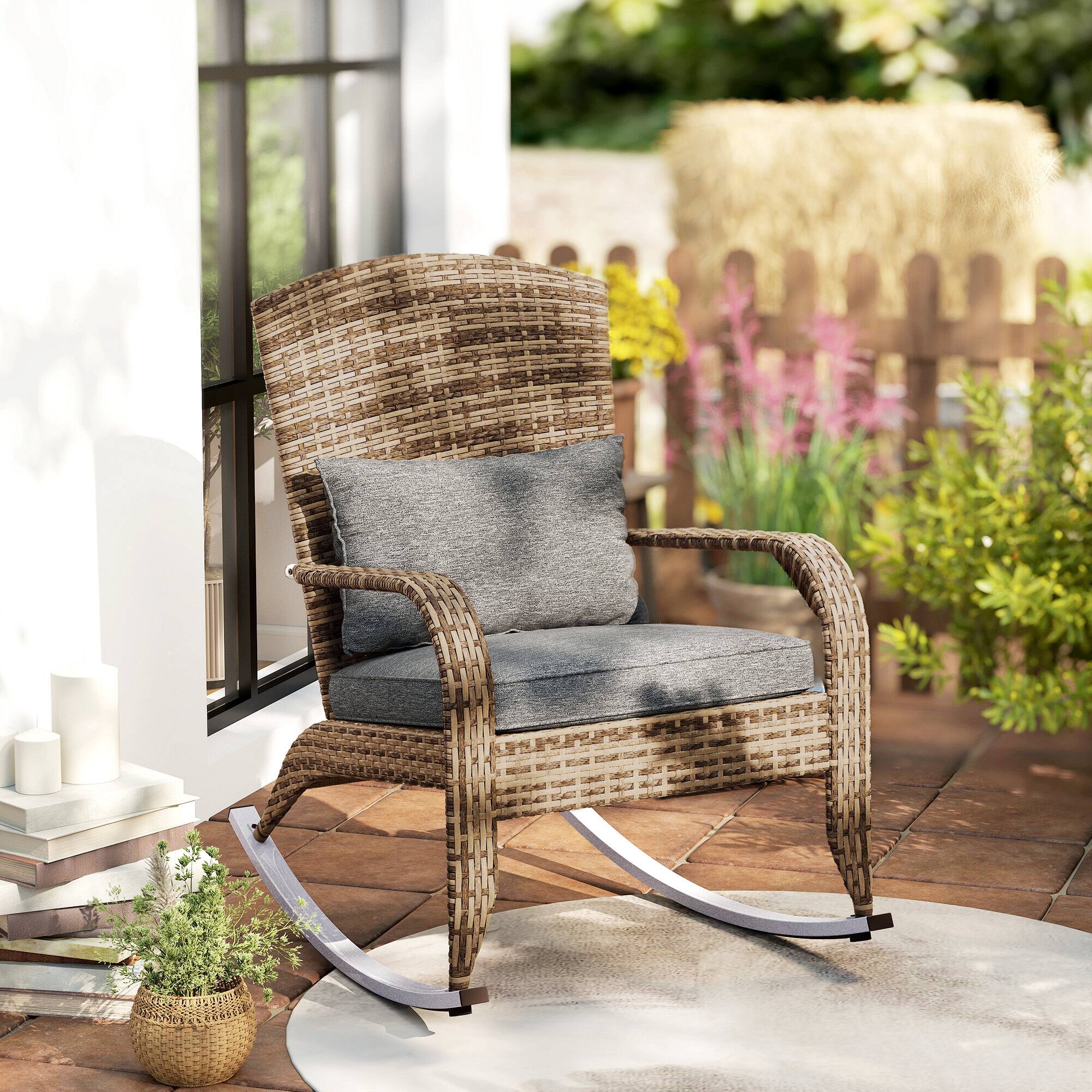 Alt View 1. Outsunny - Outdoor Wicker Adirondack Rocking Chair, Patio Rattan Rocker Chair with High Back, Seat Cushion, and Pillow - Gray.