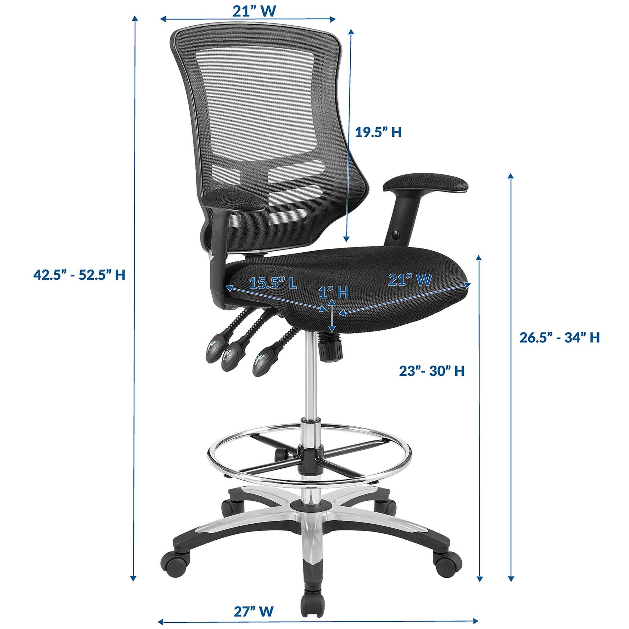 - Width: 21"
- Height: 42.5" - 52.5"
- Seat Height: 19.5"
- Seat Depth: 15.5"
- Seat Width: 21"
- Back Height: 19.5"
- Armrest Height: 23" - 30"
- Armrest Width: 21"
- Overall Height: 26.5" - 34"
- Base Width: 27"