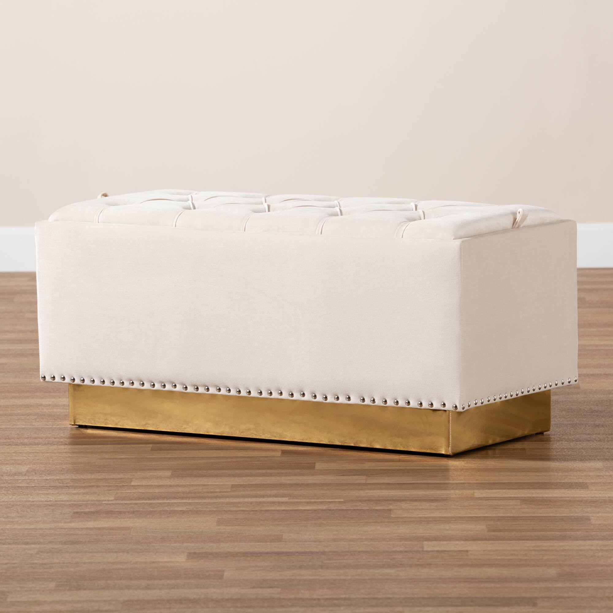 Alt View 5. Baxton Studio - Powell Glam and Luxe Velvet Fabric Upholstered and Gold PU Leather Storage Ottoman - Beige/gold.