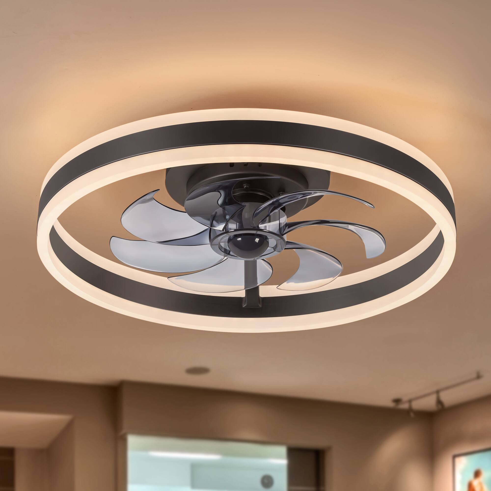 Alt View 5. Breezary - 20-Inch Flush Mount Enclosed Ceiling Fan with LED Light, Remote Control, 7 Blades, Reversible DC Motor - Black and Transparent.