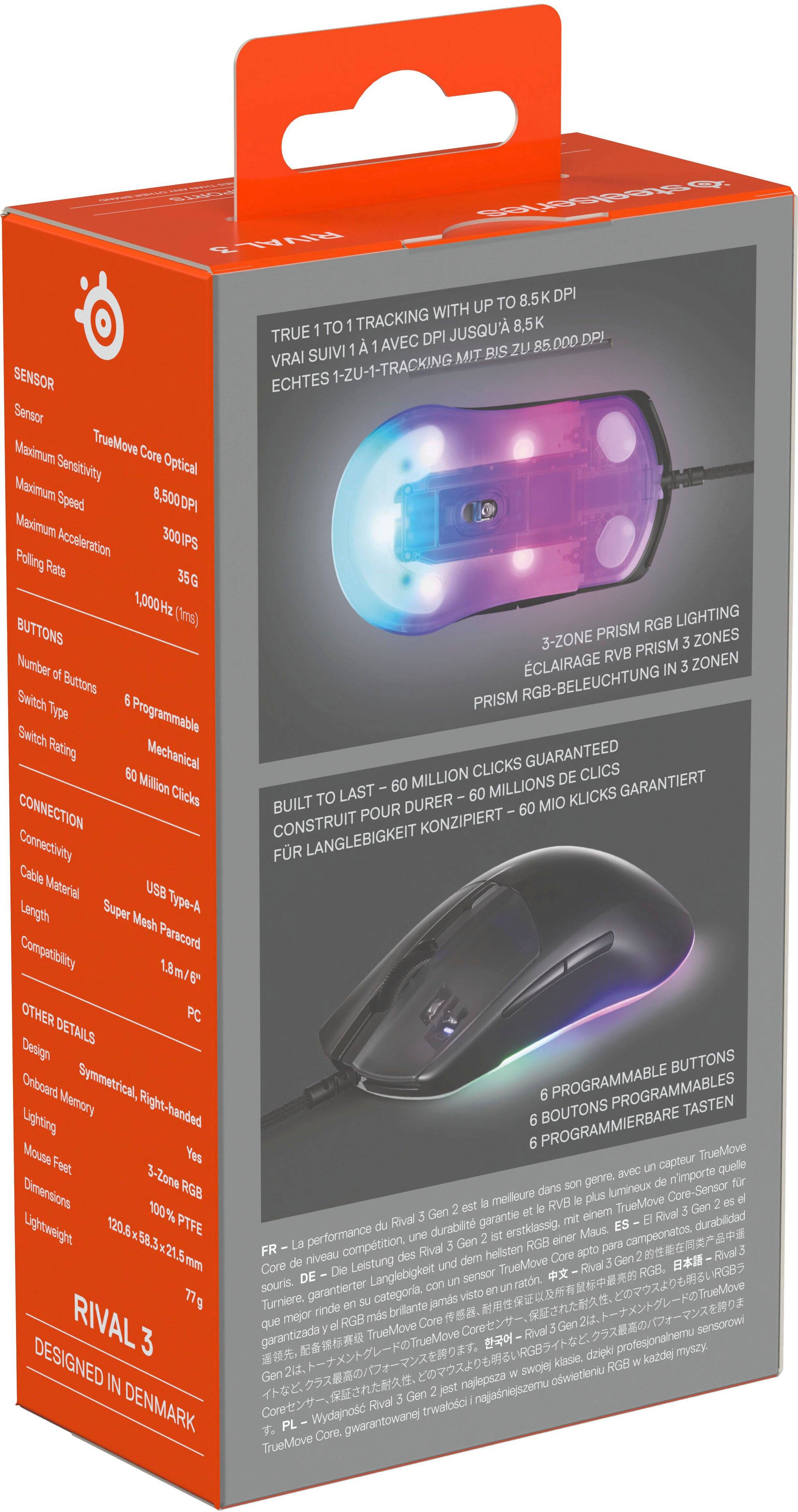 The image features a box containing a computer mouse and a mouse pad. The mouse is designed with a 3-zone RGB lighting system, which provides a visually appealing and customizable lighting experience. The mouse is equipped with a TrueMove core sensor, offering high precision and responsiveness. It also has a maximum DPI of 8,500 and a maximum speed of 300 IPS, ensuring smooth and fast movements. The mouse is compatible with a USB cable and has a length of 1.8 meters. The box also includes a mouse pad, which is designed to provide a comfortable and stable surface for the mouse to rest on. The overall design and features of the mouse and mouse pad make it an ideal choice for gamers and users who require high-quality and responsive input devices.