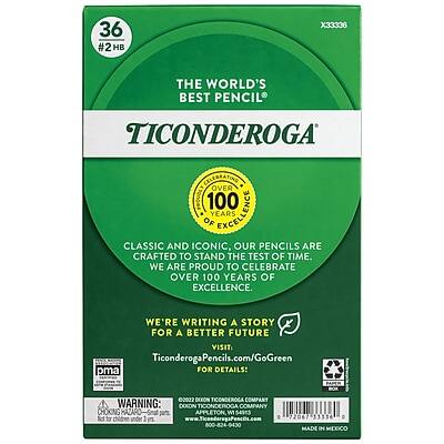 36 #2 HB  
X33336  

THE WORLD'S BEST PENCIL  
TICONDEROGA  

CLASSIC AND ICONIC, OUR PENCILS ARE CRAFTED TO STAND THE TEST OF TIME. WE ARE PROUD TO CELEBRATE OVER 100 YEARS OF EXCELLENCE.  

WE'RE WRITING A STORY FOR A BETTER FUTURE  
Visit TiconderogaPencils.com/GoGreen for details!  

100 YEARS OF EXCELLENCE  

WARNING: CHOKING HAZARD - Small parts. Not for children under 3 years.  
DEKON TICONDEROGA COMPANY  
800-824-9430  

MADE IN MEXICO  

pma  
2022 DEKON TICONDEROGA COMPANY  
72067  
33334