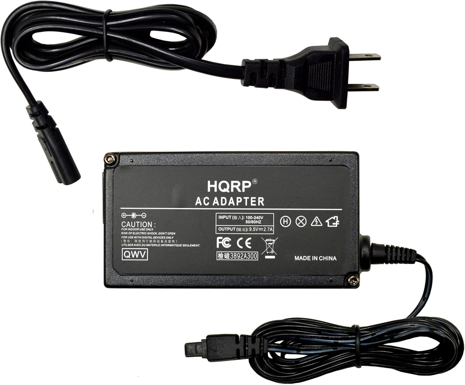 HQRP AC ADAPTER  
CAUTION: RISK OF ELECTRIC SHOCK. DO NOT OPEN. FOR USE WITH DIGITAL DEVICES ONLY.  
INPUT: 100-240V 50/60Hz  
OUTPUT: 9.5V=2.7A  
FC CE  
QWW  
3892A300  
MADE IN CHINA