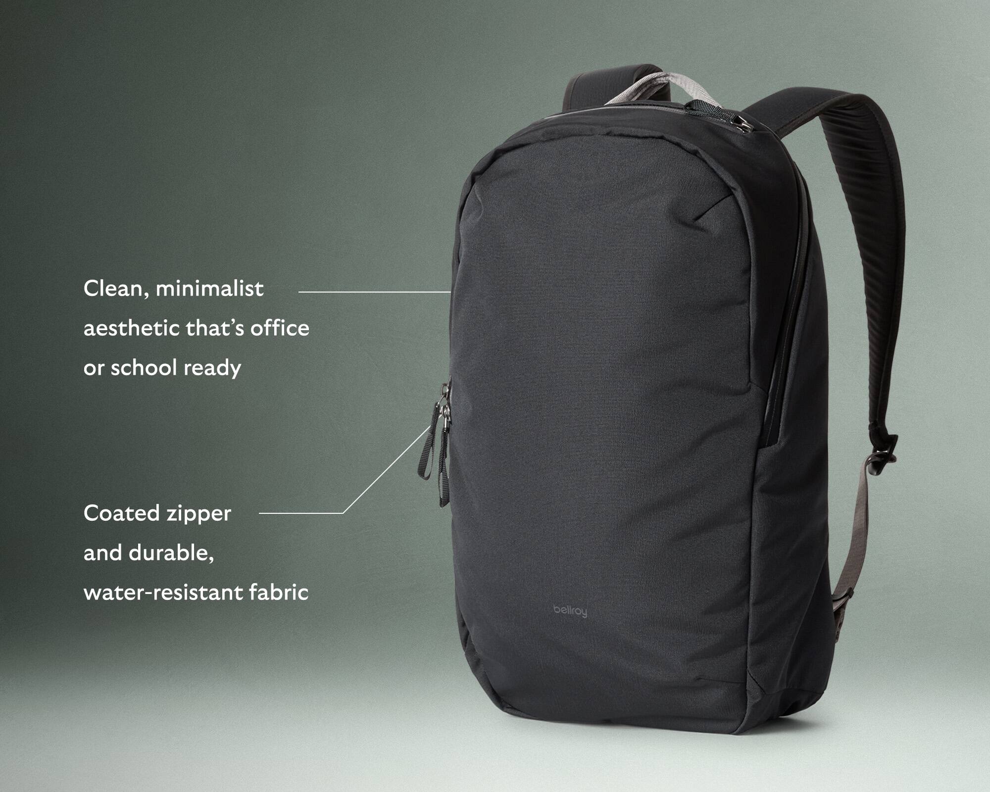 Clean, minimalist aesthetic that's office or school ready. Coated zipper and durable, water-resistant fabric. Bellroy.