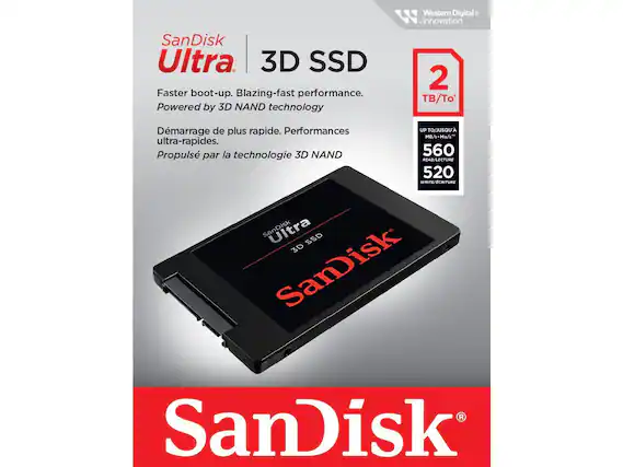 SanDisk Ultra 3D SSD
Faster boot-up. Blazing-fast performance.
Powered by 3D NAND technology
Démarrage de plus rapide. Performances ultra-rapides.
Propulsé par la technologie 3D NAND
2 TB/To
UP TO/JUSQU'A
560 MB/s*
READ/LECTURE
520 MB/s*
WRITE/ECRITURE
Western Digital
innovation