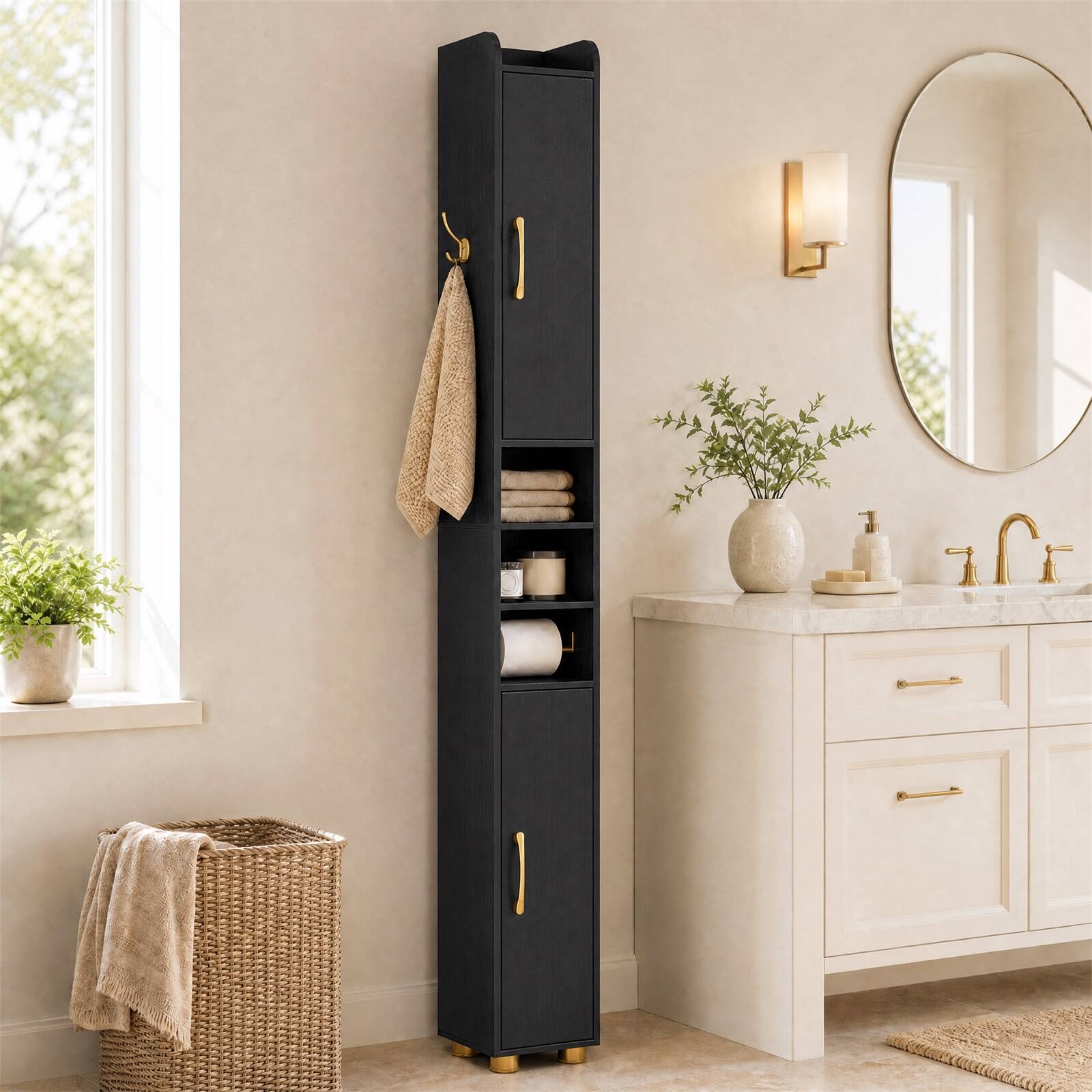 Alt View 4. Costway - Costway 1 PCS 69.5" Narrow Bathroom Cabinet with 2 Doors & Adjustable Shelves for Small Spaces - Black.