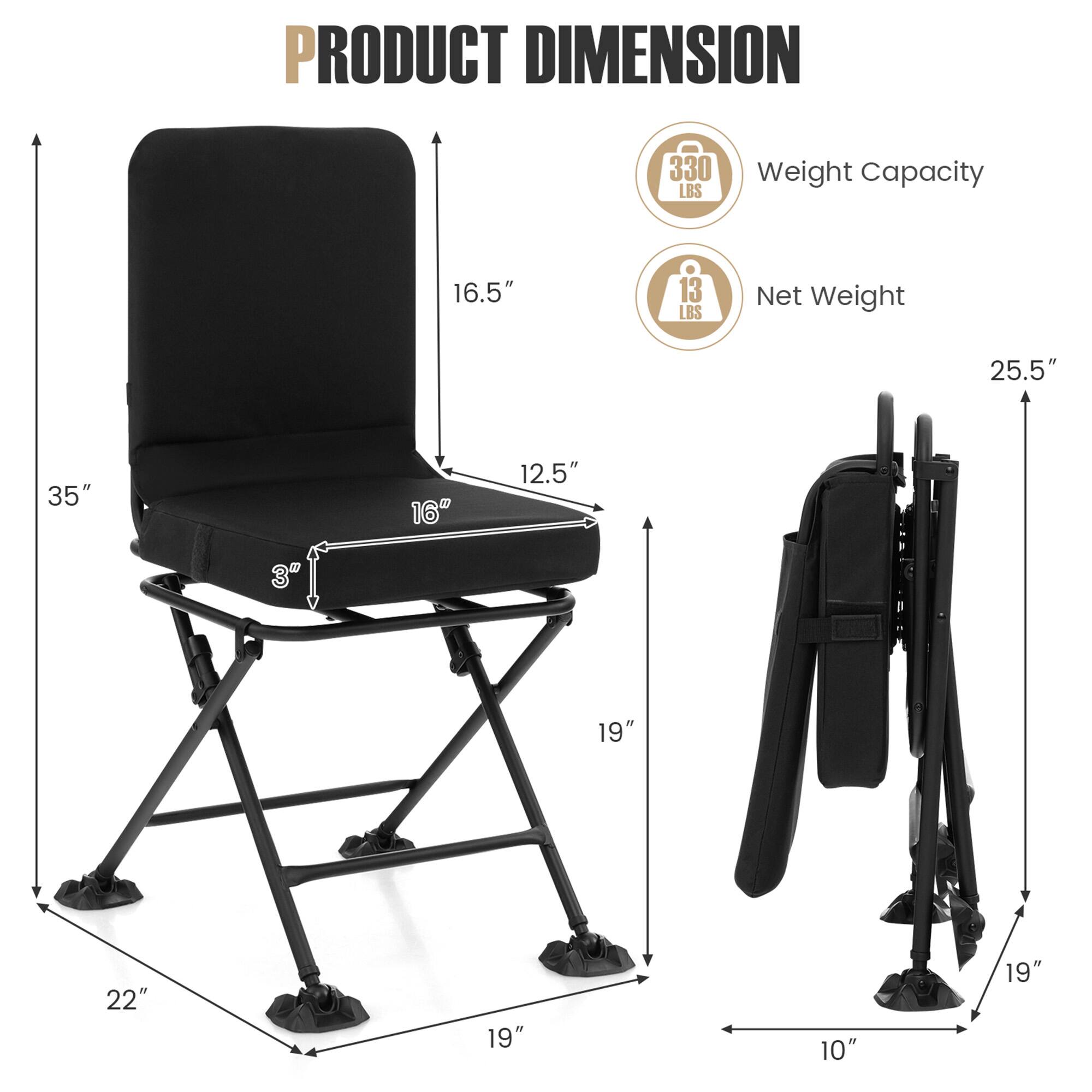 PRODUCT DIMENSION

- Weight Capacity: 330 LBS
- Net Weight: 13 LBS

Dimensions:
- Seat Height: 16.5"
- Seat Width: 16"
- Seat Depth: 12.5"
- Back Height: 35"
- Armrest Height: 3"
- Base Width: 22"
- Base Depth: 19"
- Folded Height: 25.5"
- Folded Width: 19"
- Folded Depth: 10"