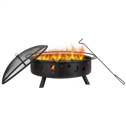 Front. Oumilen - 42.5" Large Outdoor Fire Pit with Star & Moon Cutouts, Spark Screen & Poker.