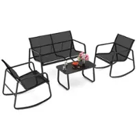 Costway 4 PCS Patio Rocking Rocking Chairs & Loveseat with Glass-Top Table Outdoor - Black - Front_Zoom