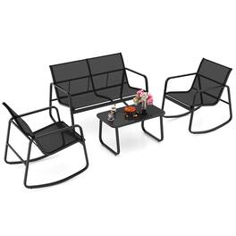 Costway - 4 PCS Patio Rocking Rocking Chairs & Loveseat with Glass-Top Table Outdoor - Black